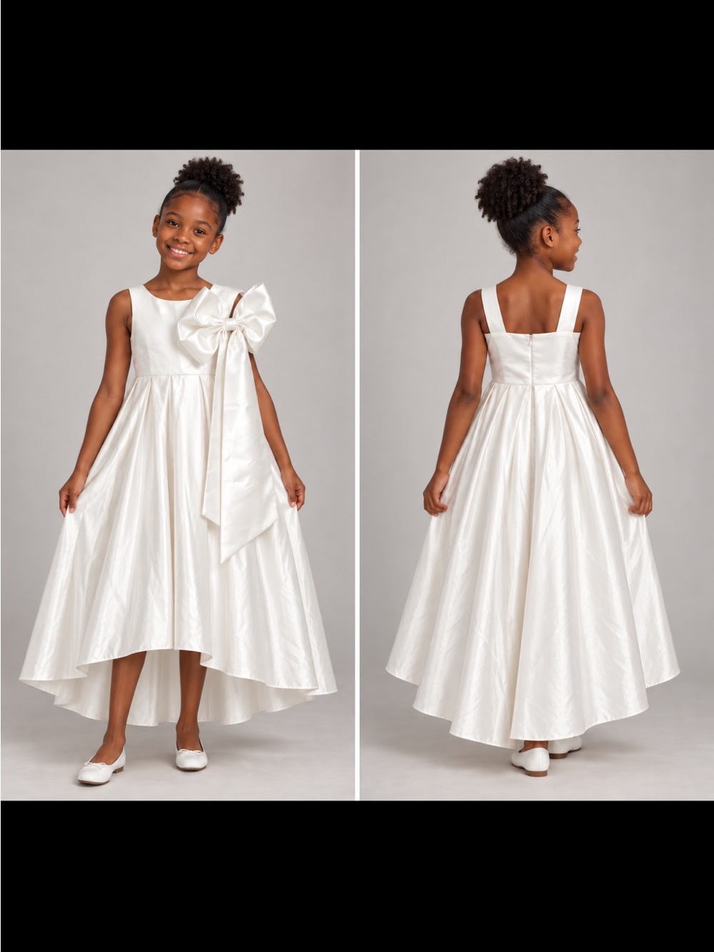 Ivory Satin High-Low Flower Girl Dress with Side Bow